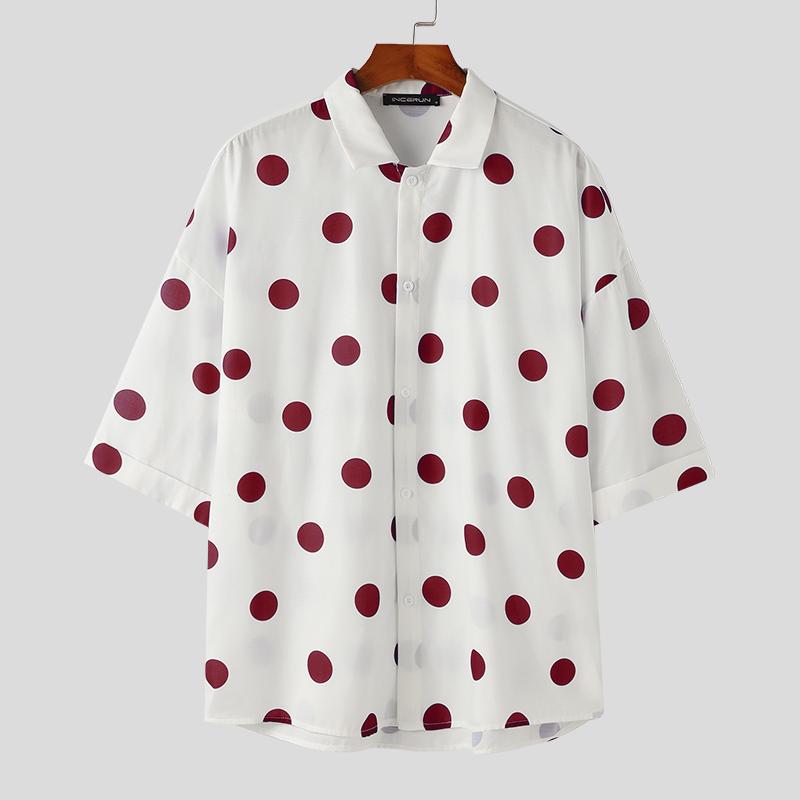 

INCERUN Большие мужские рубашки с коротким рукавом в горошек, повседневные свободные топы на пуговицах S красный