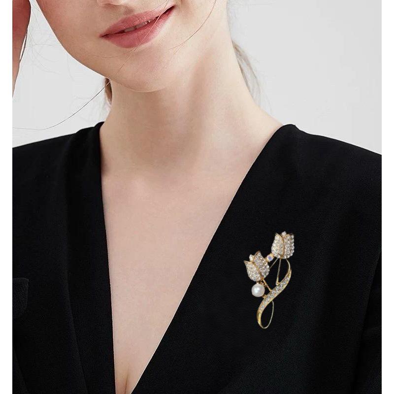 Tulip Brooch with Diamonds & Pearls - Women's Floral Pin with Secure Anti-exposure Fastener