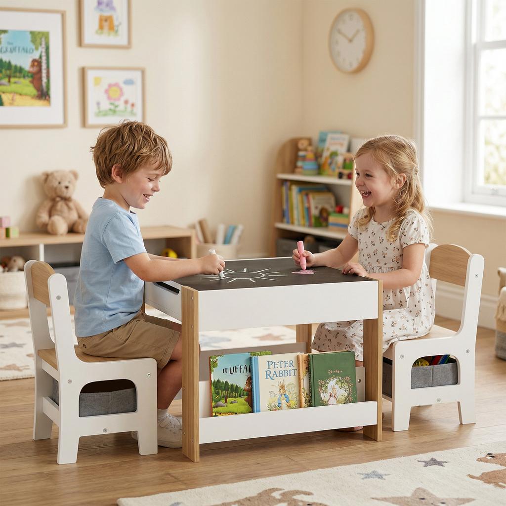 Three-Piece Kids Table and Chair Set with Blackboard, Storage, Bookshelves - Natural Wood