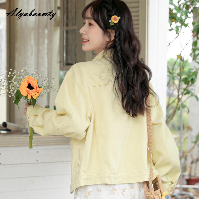 Korean Ulzzang Spring Autumn Women Denim Coat Turn-Down Collar Floral Embroidery Loose Jacket Sweet All Match Girl's Outerwear