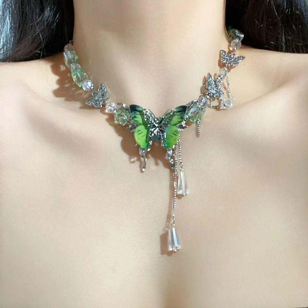Adjustable Tassel Crystal Necklace Exaggerated Women's Choker Rhinestone Butterfly Necklace  Gifts