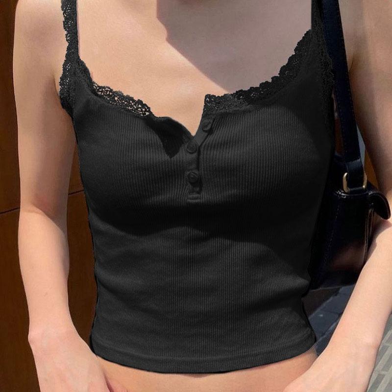 Damen Frühling und Sommer Einfarbig Quadratischer Ausschnitt Knopf Strick Sanfter Wind Spitze Spleißen Kleine Camisole Weste