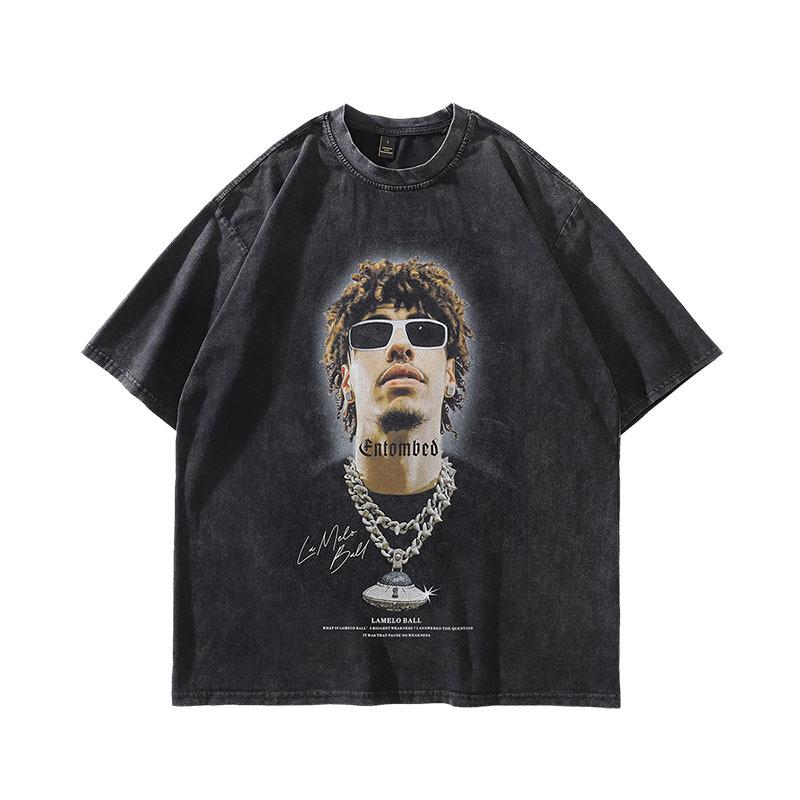 European And American High Street Hiphop Washed Short-Sleeved T-Shirt Men'S American Retro Old Loose Trendy Brand Half-Sleeved T-Shirt