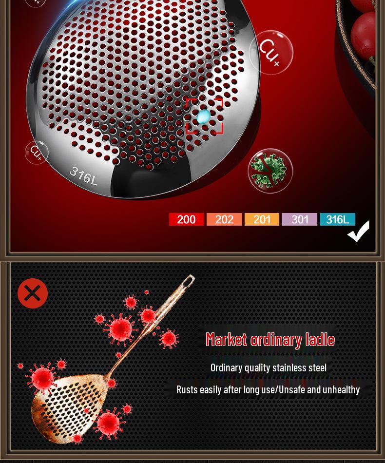 Heavy-Duty 316L Stainless Steel Skimmer Ladle - Large One-Piece Kitchen Strainer Spoon