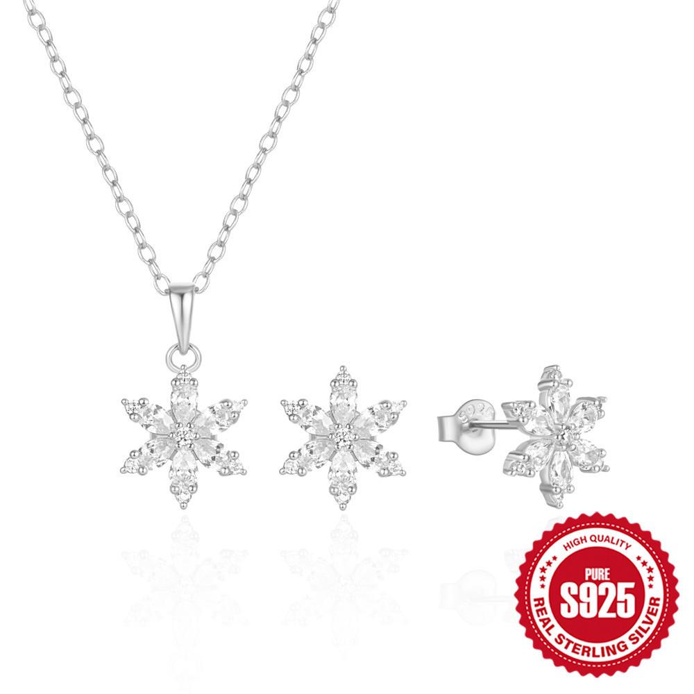 

Wind Simple And Fashionable S925 Sterling Silver Crystal Petal Snowflake Stud Earrings/Necklace Double Set Collarbone Chain 925 Silver