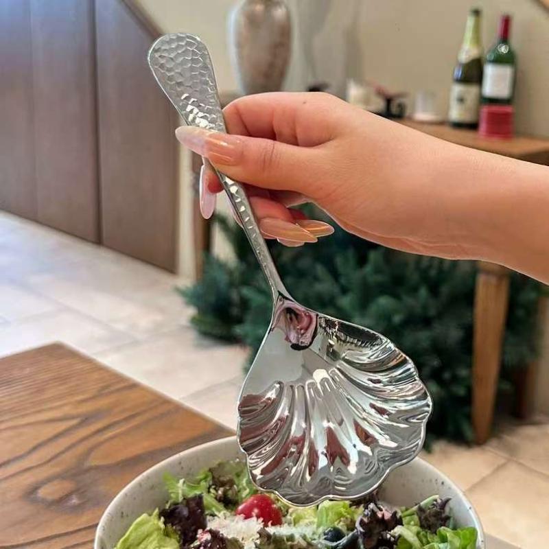 Cuillère en acier inoxydable en forme de coquillage avec long manche, louche, cuillère à dessert, cuillère à glace, accessoires de cuisine