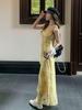Yellow Strappy Summer Beach Dress: Elegant Ruffled French Style with Puff Sleeves and Cinched Waist