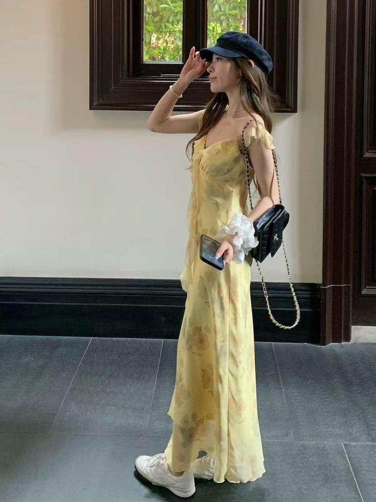 Yellow Strappy Summer Beach Dress: Elegant Ruffled French Style with Puff Sleeves and Cinched Waist