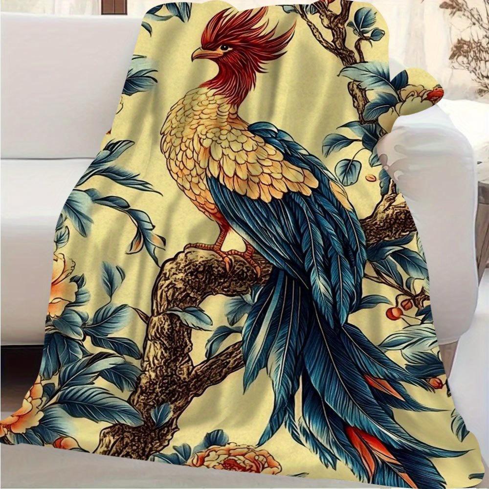 1pc Vintage Phoenix & Peony Floral Print Throw Blanket, 60x80 Inch, Soft Fabric, Single-Sided Design, All-Season Cozy Sofa