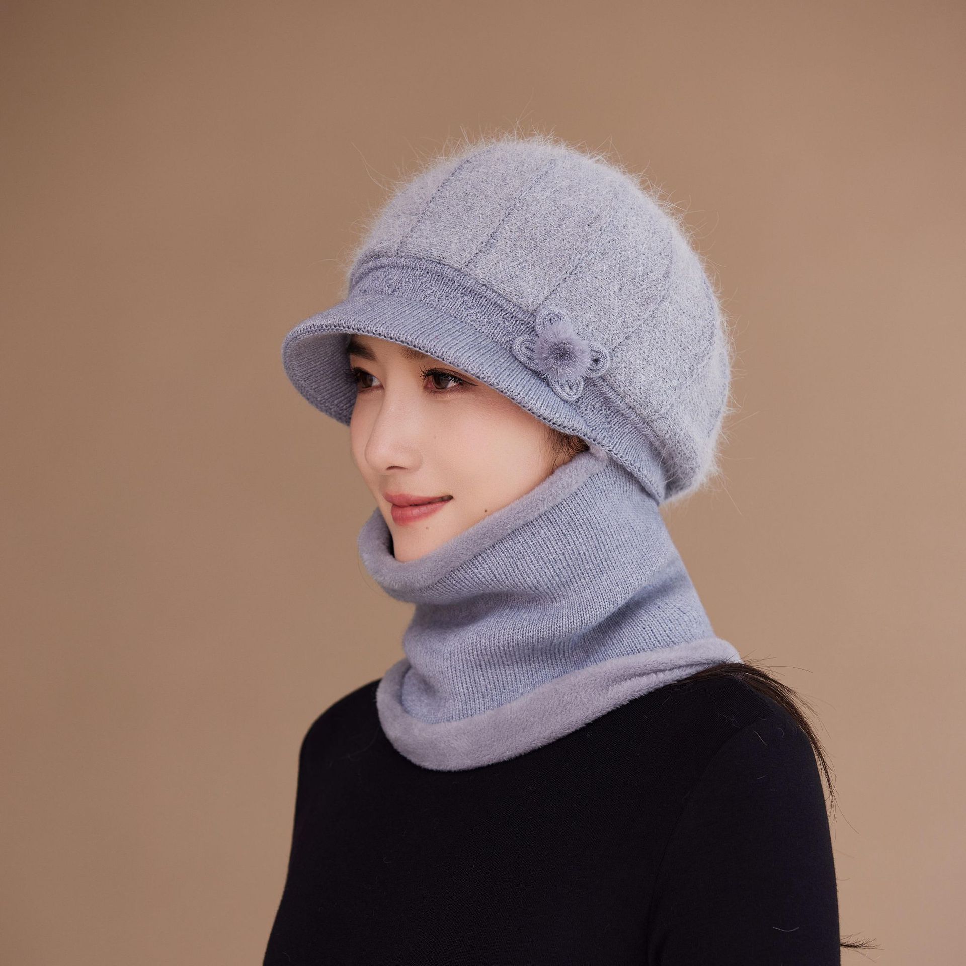 

New Knitted Wool Hat for Women Elderly, Grandma Windproof and Eeled Duck Tongue Middle Aged and Elderly Mother Rabbit Hair Warm Hat one size
