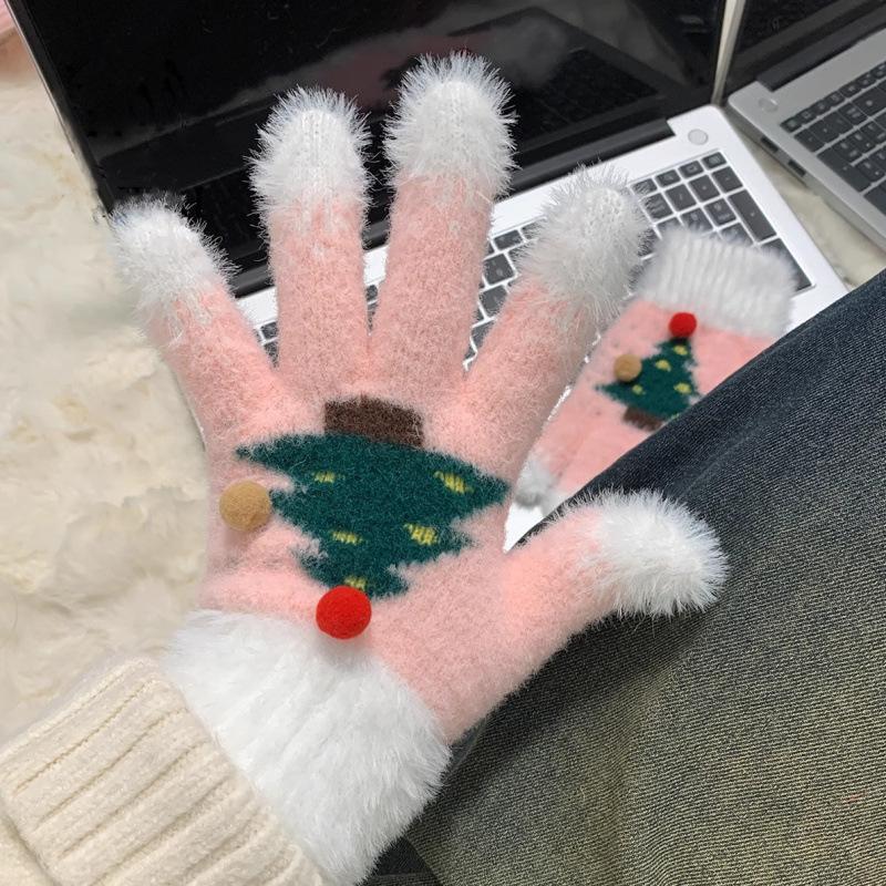 

2025 Winter Girls Christmas Gloves Warm Plush Cartoon Kids Gloves Cute Christmas Tree Students Cycling Gloves 3-8Y рожевий