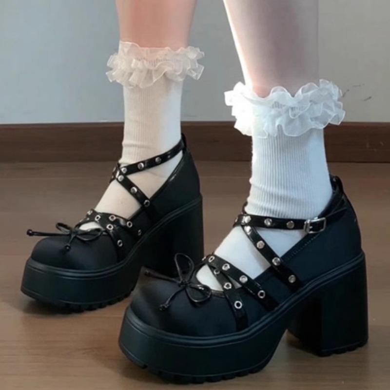 Fashion Spring New Single Shoes Women Round Head Shallow Mouth Butterfly Knot Rivet A Line Buckle Thick Sole Non-slip High Heels