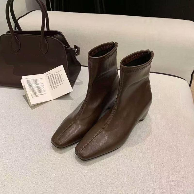 Height Increase 0CM~ New Square Head Elastic Thin Short Boots Women's Inner Height Increase After Zipper Thick Heel Boots Autumn and Winter Versatile