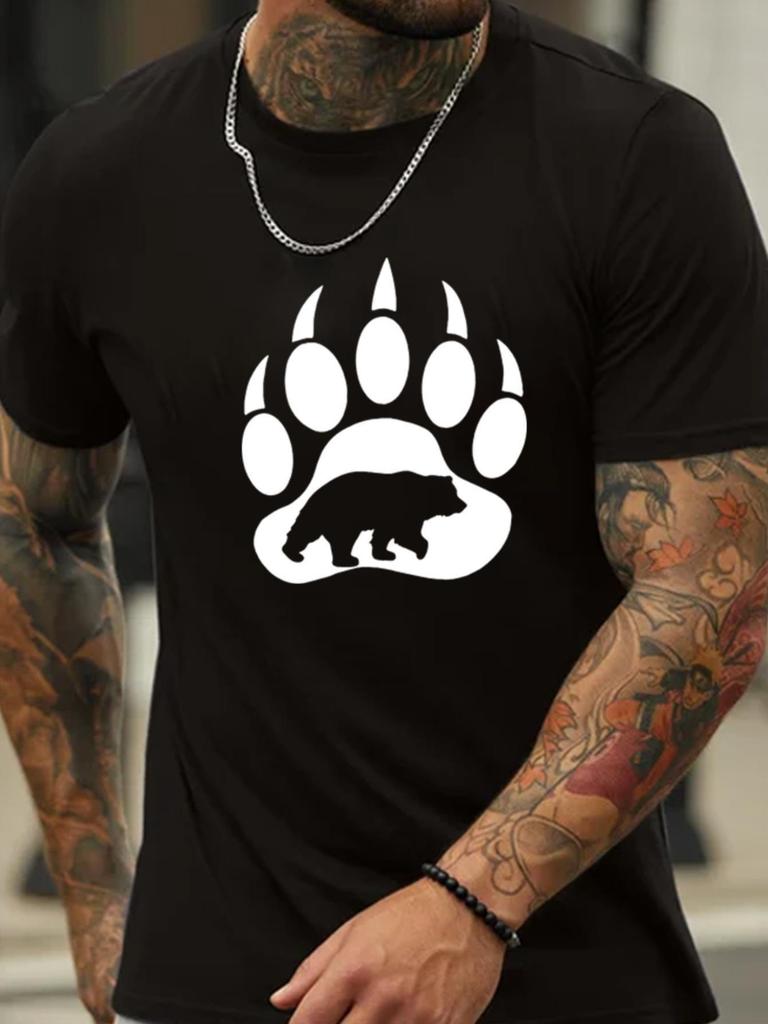 Men'S Casual Bear Pattern T-Shirt - Short-Sleeved Crew Neck Shirt with White Paw Print Design. Regular Fit, Suitable for Summer, Vacations, And Everyd