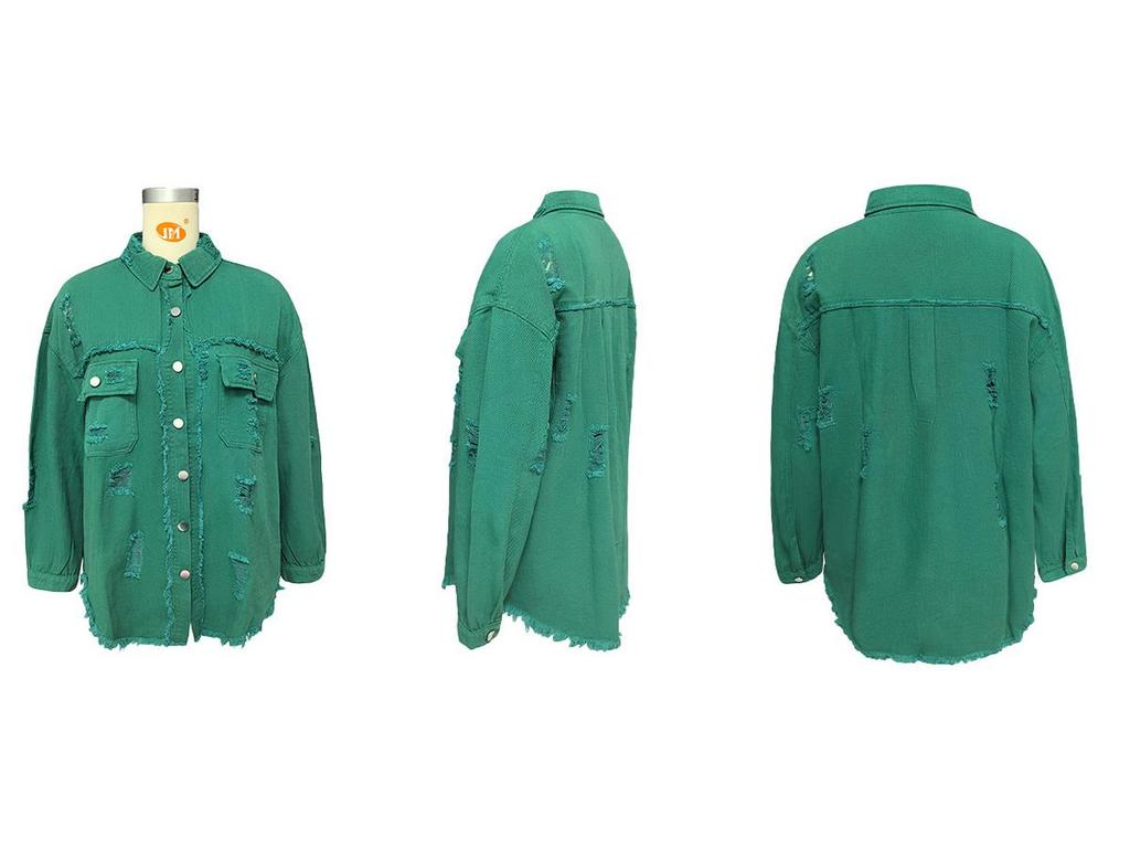 Women's Solid Color Ripped Denim Shirt - Long Sleeve, Loose Fit Bestseller