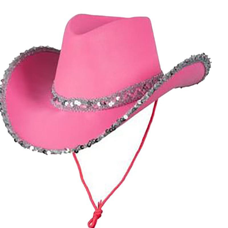 Cappello da Cowboy Rosa con Corona Bordata d'Argento per Festa in Maschera