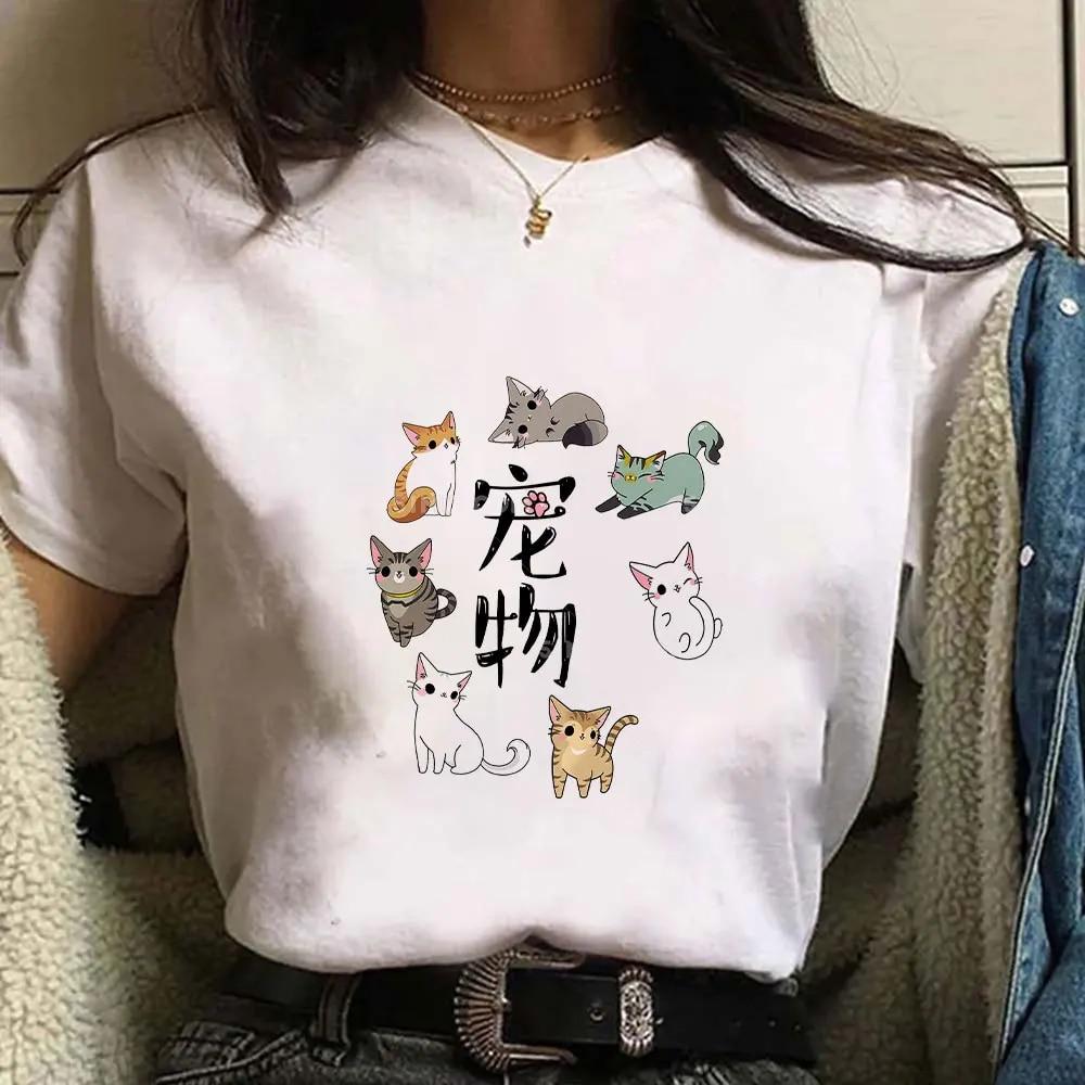 Cute Cat Print Short Sleeves Women's Tshirt Fashion Streetwear Y2k Clothing Sportwear Harajuku Pullover Tops Tees Summer Spring