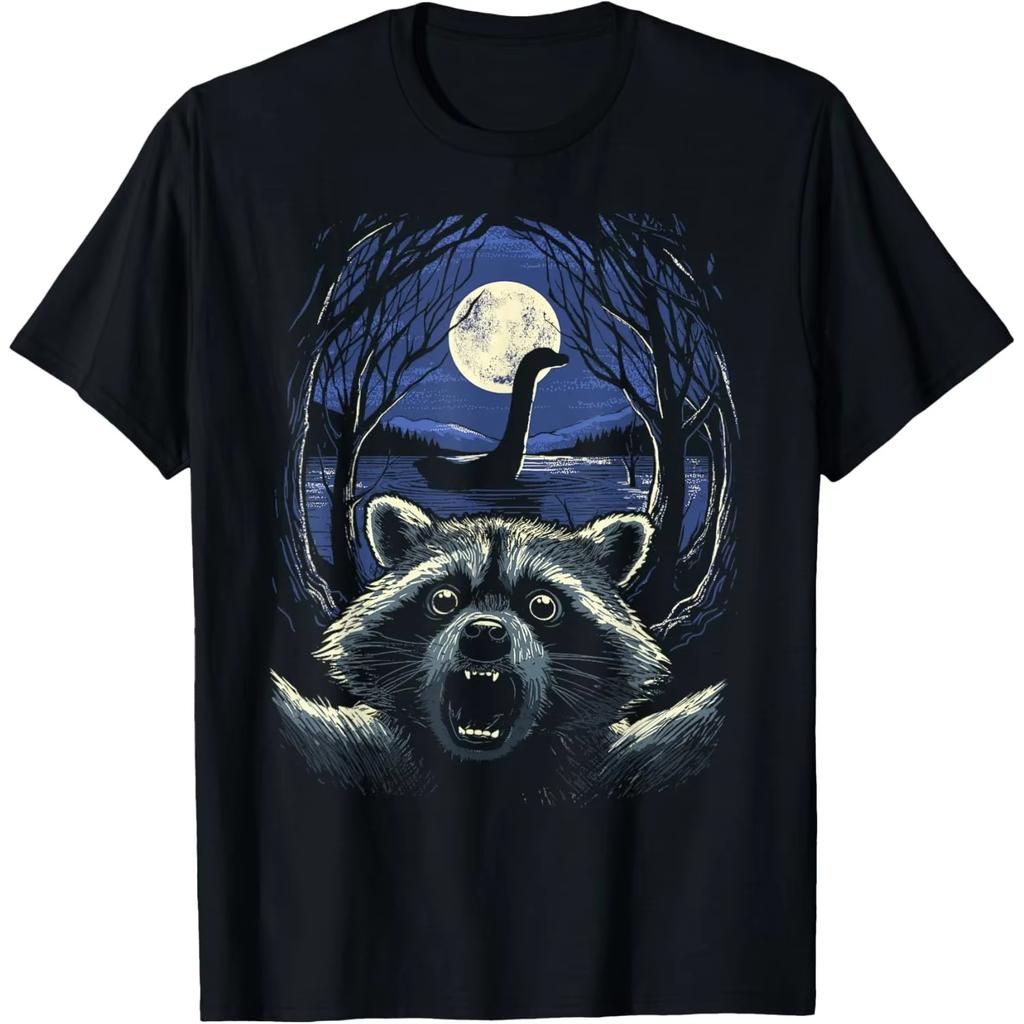 Raccoon Selfie Loch Ness Monster Cryptid Graphic Print Unisexs Cotton Crewneck Tshirt