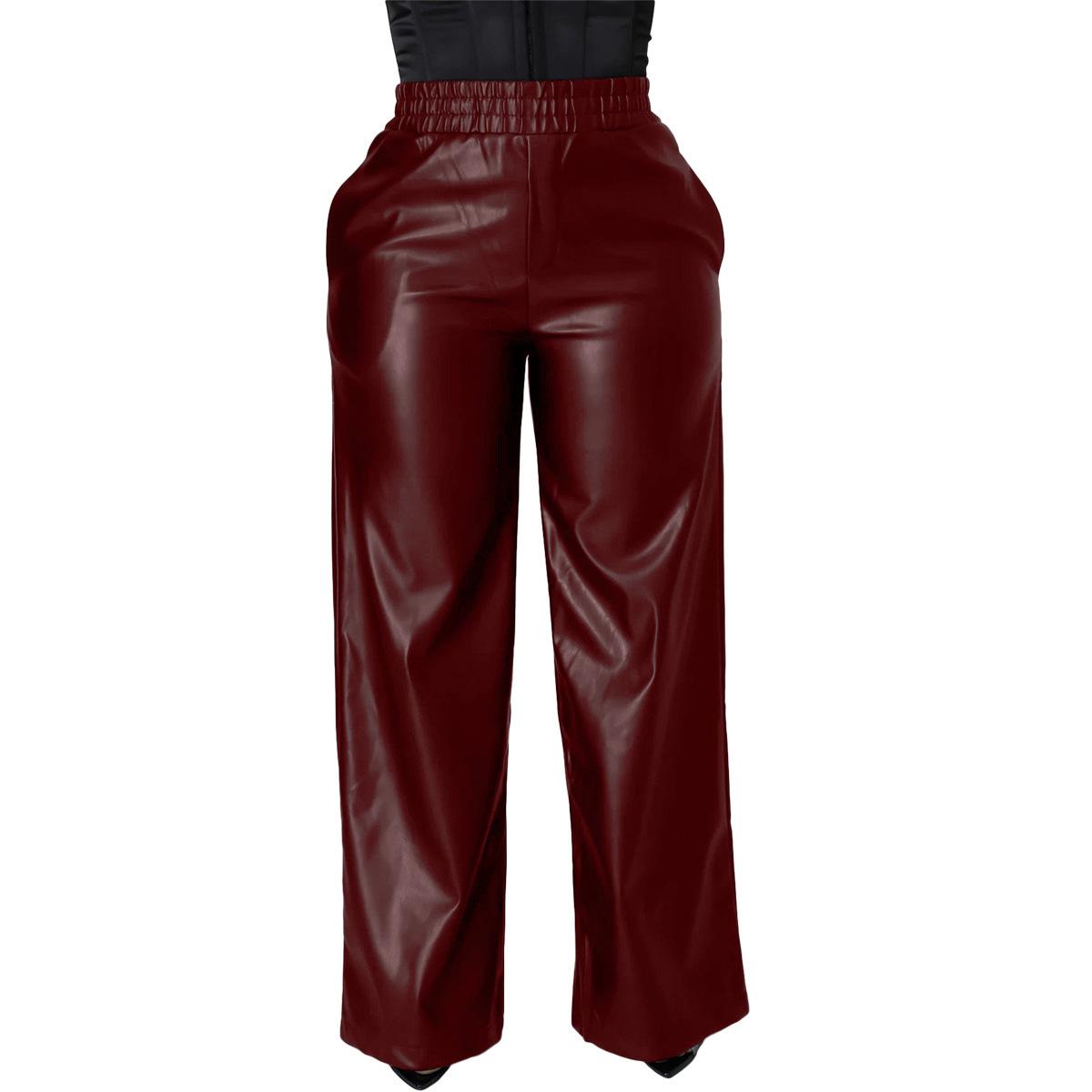 

BN211 Women s Solid Color PU Leather Loose Wide-Leg Pants for Spring/Summer S вина червоного кольору