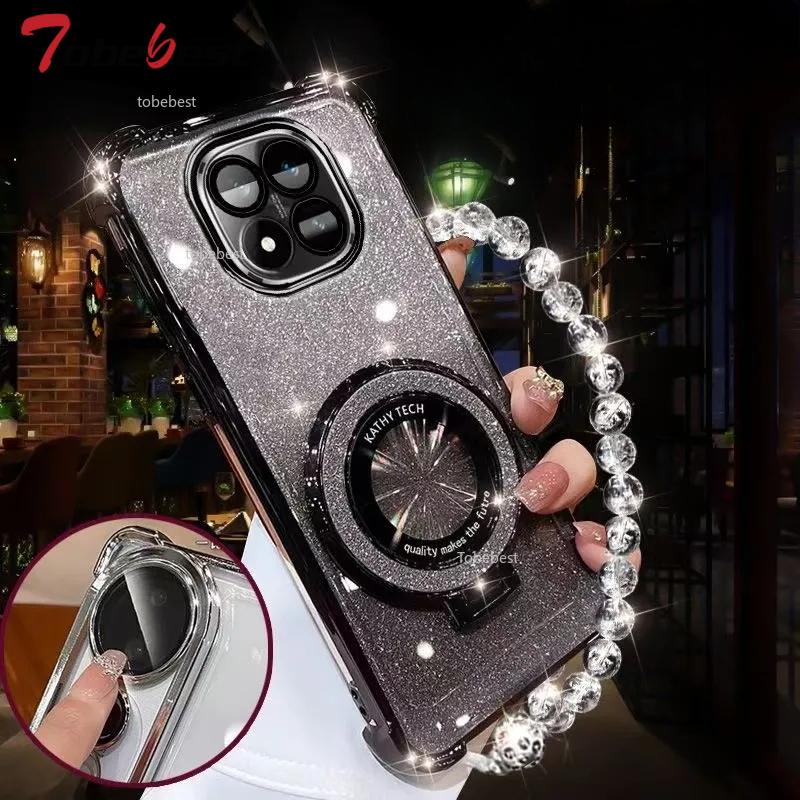 Shockproof Glitter Plating Case For Xiaomi Redmi Note 15 Pro Plus 5G Crystal Bracelet Magsafe Phone Holder Cover