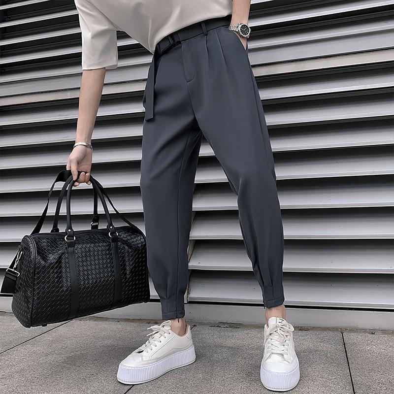 

Men s Solid Color Thin Handsome Harem Pants Summer Design Casual Nine-minute Suit Pants 38 сірий