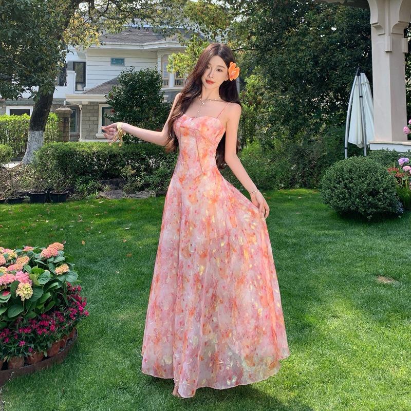 Sommer Neues Jacquard Chiffon Trägerkleid Meeresurlaub Gefühl Schmale Taille Langes Kleid Damen