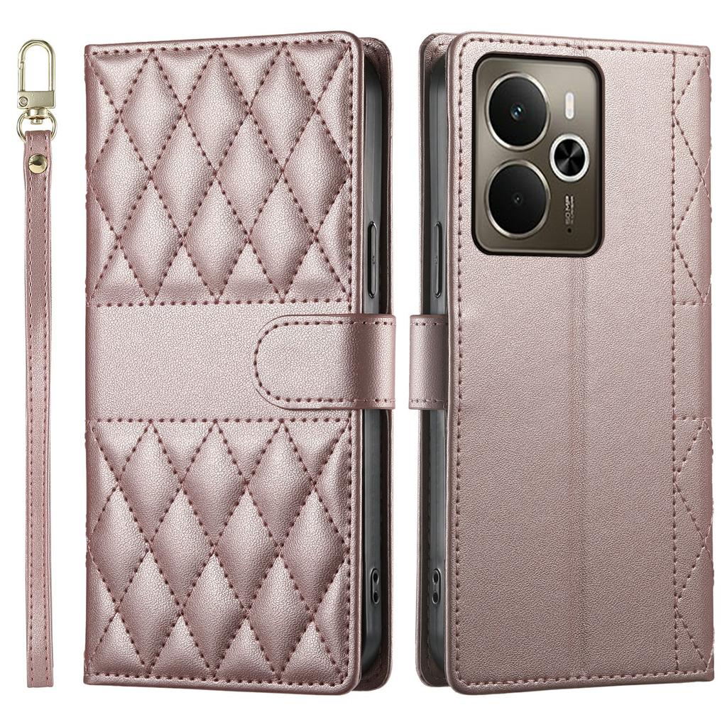 Für Realme 14 5G Hülle Rautensteppung Brieftasche Ständer Leder Handyhülle mit langem/kurzem Riemen