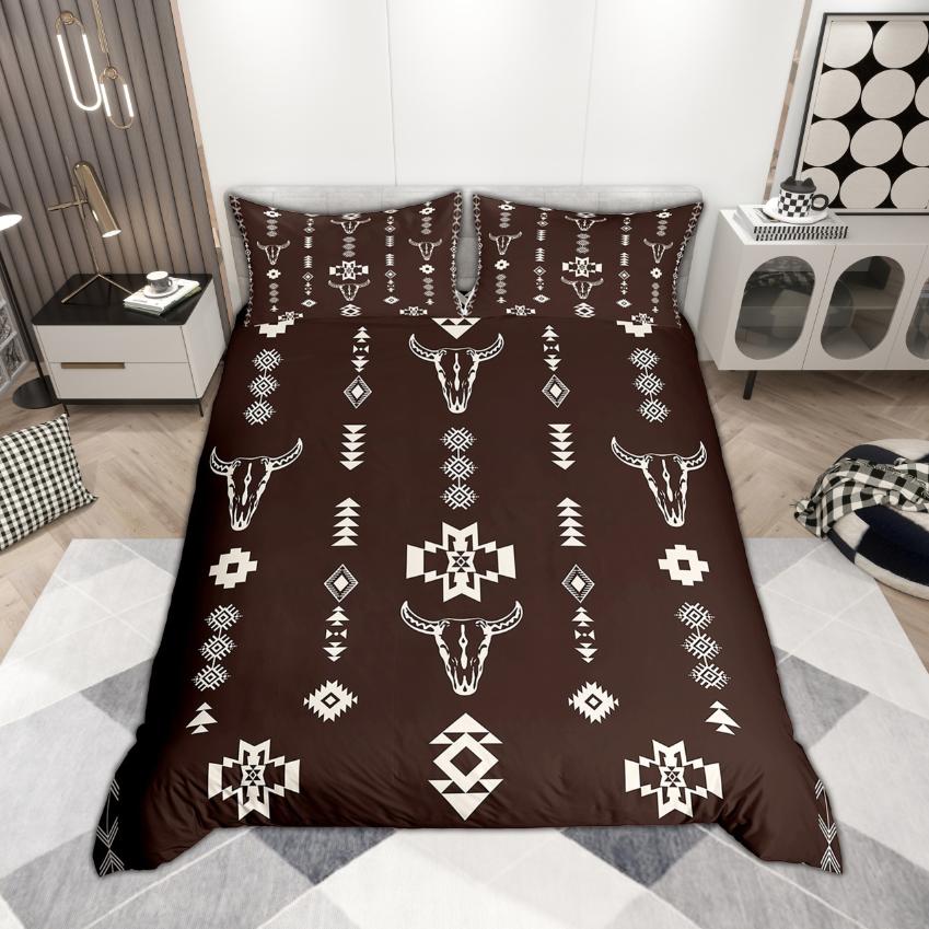 Homewish Bohemian Aztec Duvet Cover Set 2pcs/3pcs, Rustic Cow Skull Bedding, Retro Farmhouse Lodge Cabin Comforter Cover Set