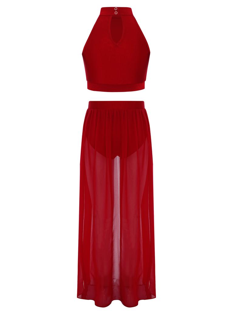 Dětský dívčí lyrický taneční kostým bez rukávů, barevně blokovaný, s řasením vpředu, klíčovou dírkou na zádech, crop top se splývavou šifonovou sukní s rozparkem