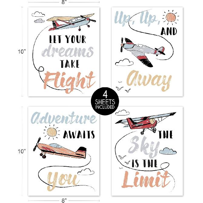 Sweet Jojo Designs Vintage Airplane Wall Art Prints Room Decor for Baby Nursery Kids - Set of 4 - Grey Yellow Orange Red White Blue Airplanes Air
