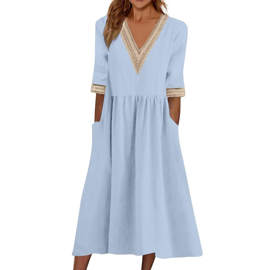 Women's Fashionable Casual Solid Color Short Sleeved Lace V-Neck Waist Cinched Dress