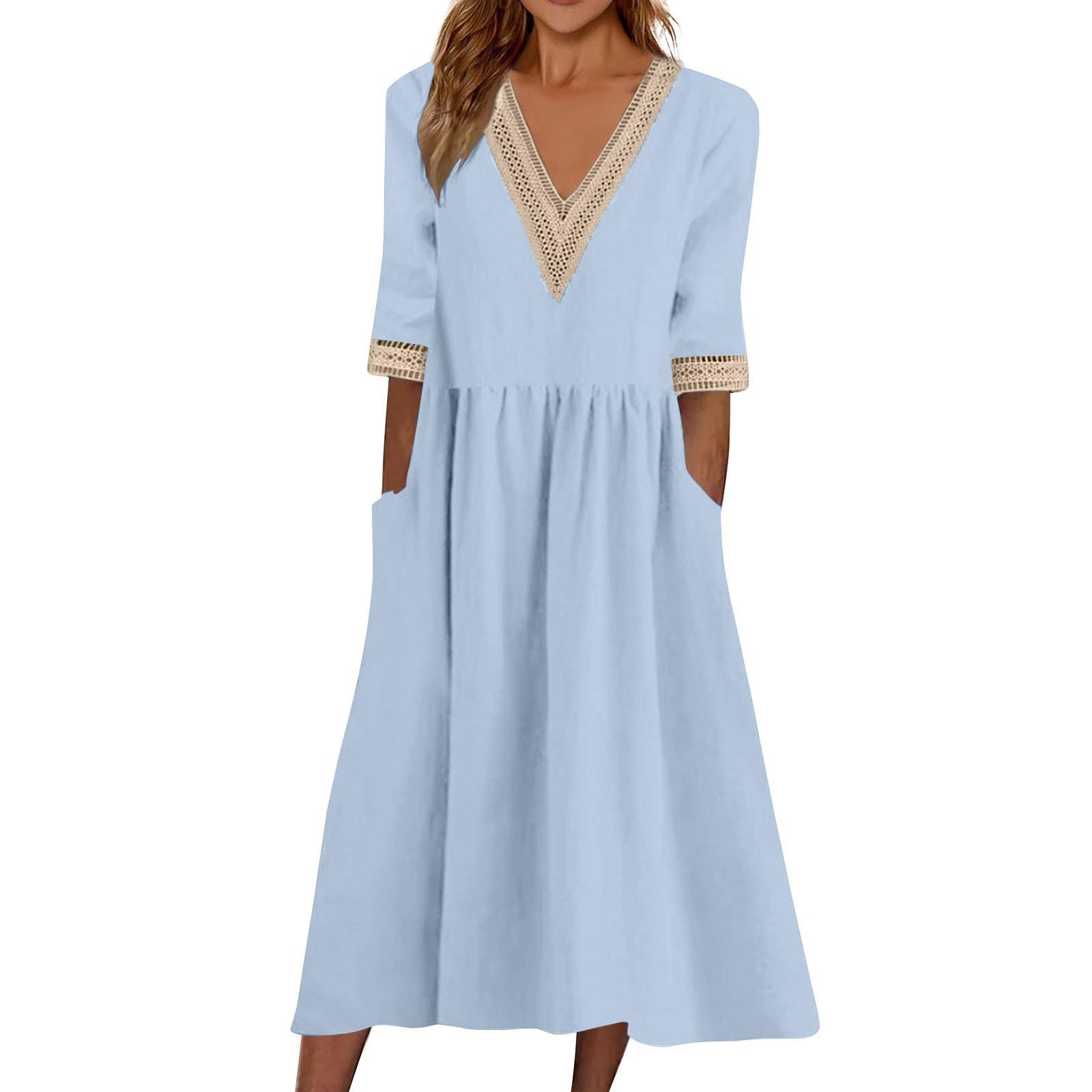 

Женское модное повседневное однотонное платье с короткими рукавами, кружевным V-образным вырезом и приталенным поясом XL