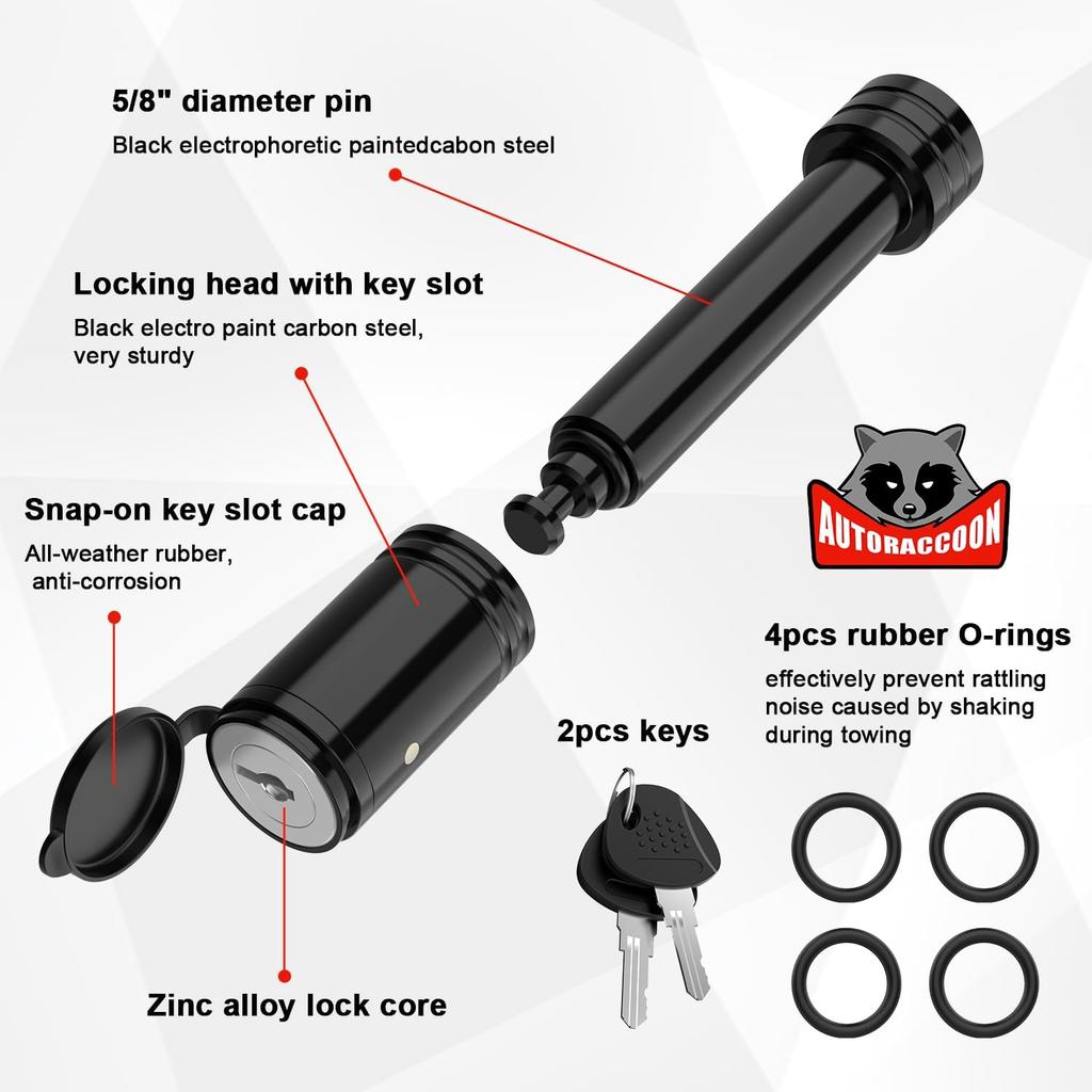Trailer Hitch Lock - 5/8" Dia Locking Receiver Pin, Fits 2" Receiver Tubes, Class III & IV Hitch Receivers, Anti-Theft Trailer Receiver Lock