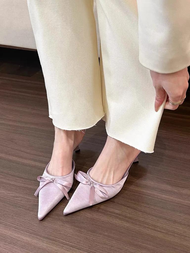 Fashion New Silk Butterfly-knot Women's Slippers Sandals Pointed Toe High Heel Pumps Ladies Stripper Mules Shoes High Heel Shoes