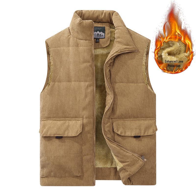 Men's Corduroy Fleece-Lined Multi-Pocket Cotton Vest - Casual, Sleeveless, Outdoor, Cold-Proof.