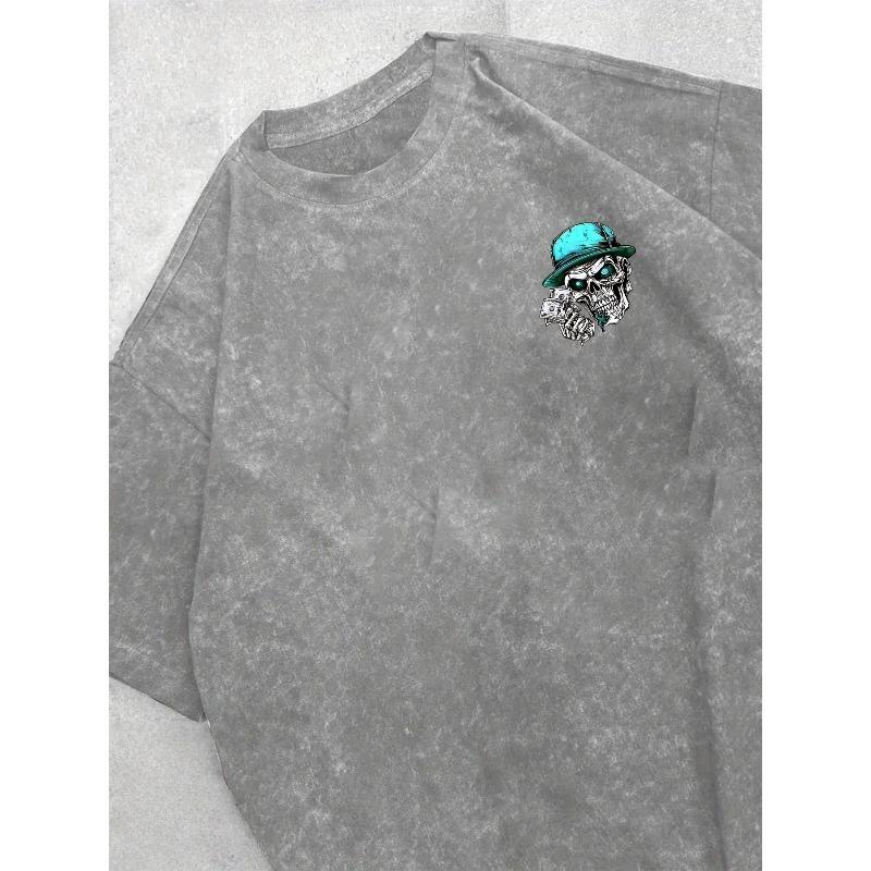 European sizes Men's Vintage Streetwear T-Shirt with Money & Skull Print, Loose Fit Casual Round Neck Short Sleeve Tee for Outdoor & Urban Fashion