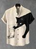 Men's Japanese Retro Black Cat Print Shirt, Casual Linen Short Sleeve Stand Collar Top, Vacation Single Breasted Tee