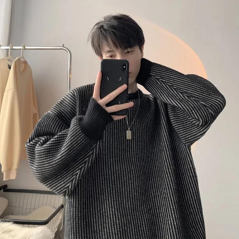 High Street Fashion Stripe Sweater Men Chic Soft and Sticky Autumn Winter Laziness Loose Knitted Casual All-match Pullovers