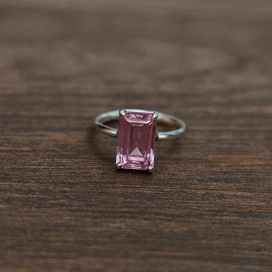 Emerald Cut Pink Kunzite Ring, 925 Sterling Silver, Handmade Bold Statement Jewelry