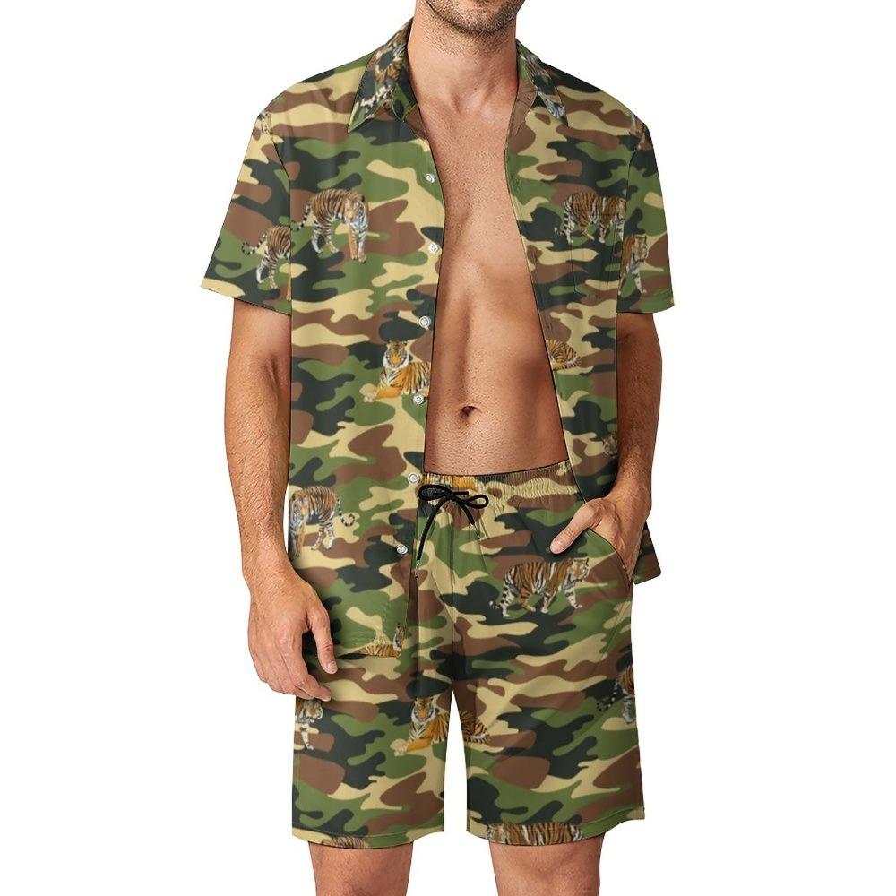 Ameerika Suvine Tiiger Leopard Triibuline 3D Prinditud Meeste Särgi Komplekt Lühikeste Varrukatega Särk Üle suurusega Rannapüksid Tänavariietus Havai ülikond