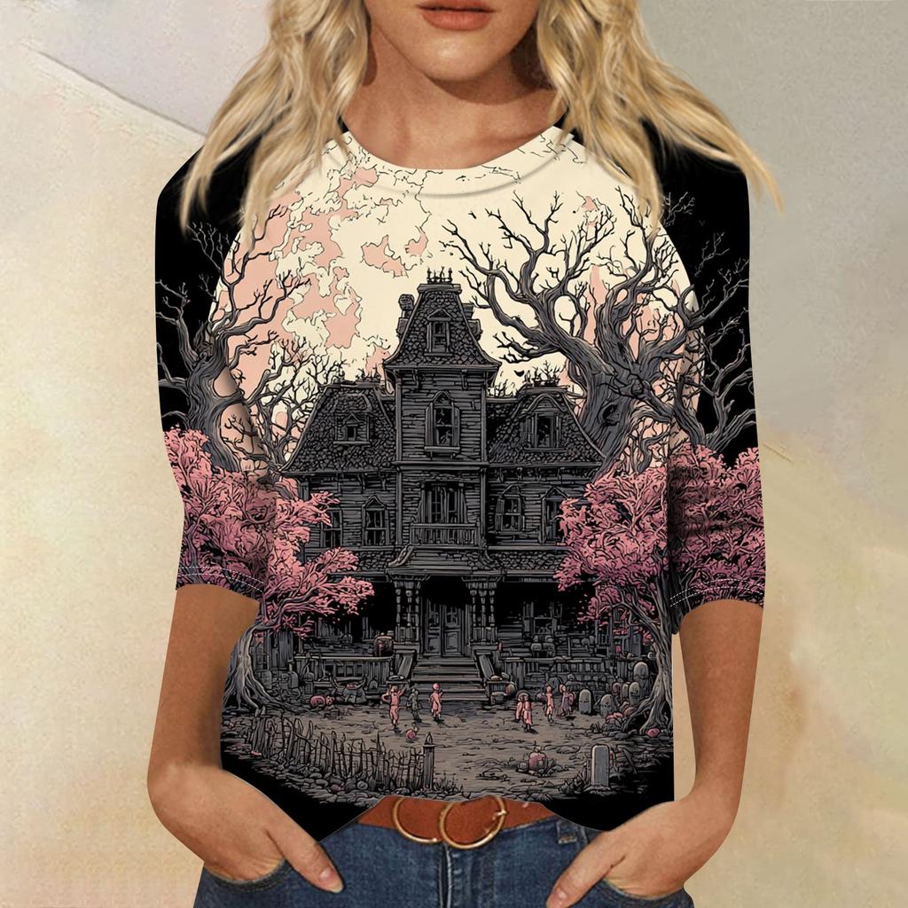 Women's Fashion Casual Round Neck Three-quarter Sleeve Halloween Printed T-shirt Top