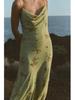 2025 Spring Women's Backless Print Draped Collar Spaghetti Strap Midi Dress