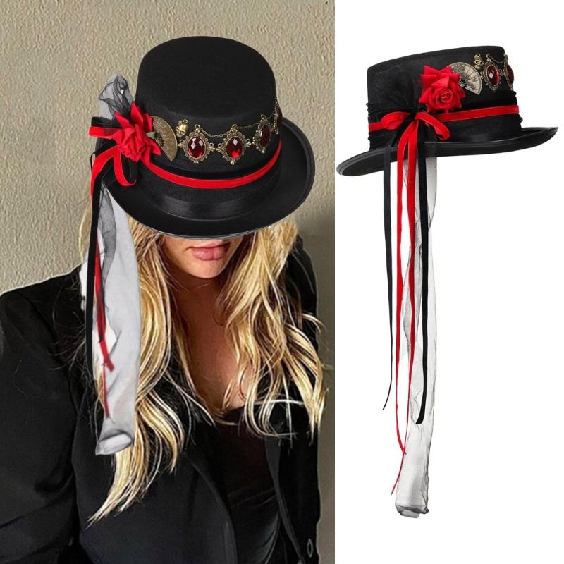 Halloween Hat with Ribbon Top Hat Steampunk Costume Accessories Cosplay Prop for Men Women Vintage Hat