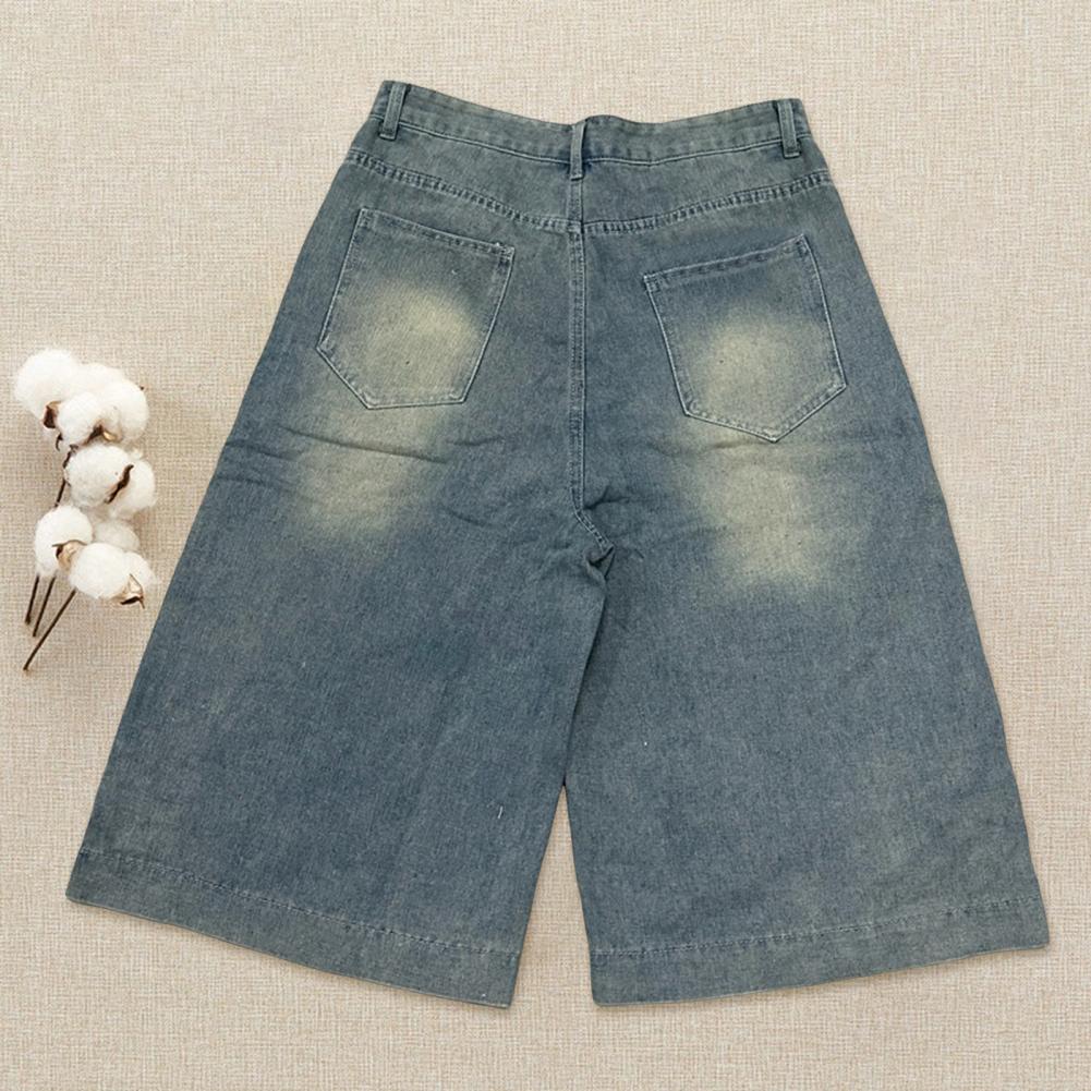 Men Cropped Jeans Mid-rise Wide-Leg Denim Pants with Pockets Button Zipper Closure Retro Washed Mid-calf Jeans