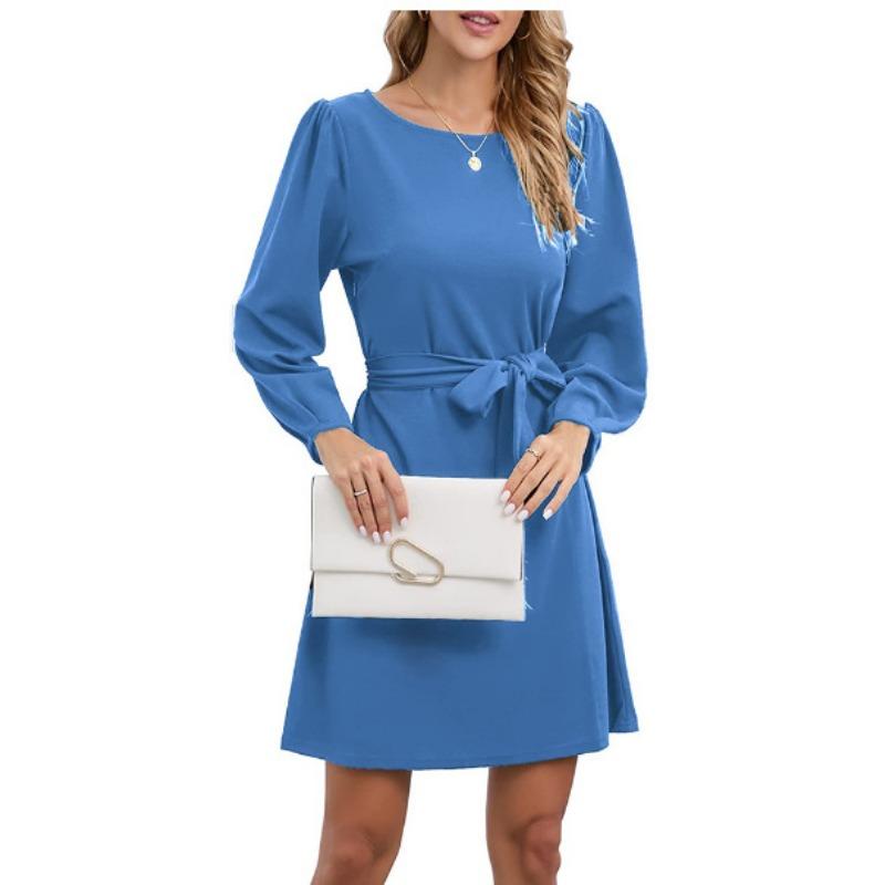 Spring and Autumn Women's Mid-length Long Pure Colour Temperament Commuting Thin Set Head High Waist Dress