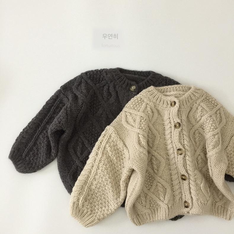 Jenter Strikket Genser Cardigan Mote Baby Grov Ull Hamp Retro Cardigan Gutter Jakke Barneklær