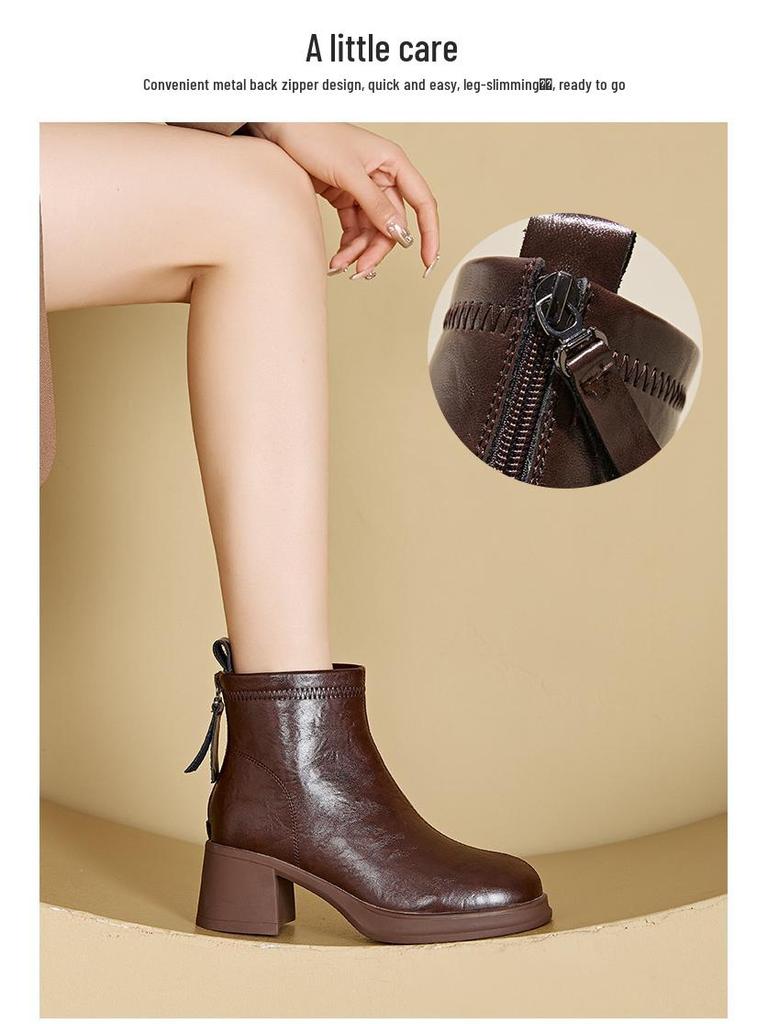 Fall/Winter Women's Thick-Soled Genuine Leather Skinny Boots, Korean-Style Back Zipper Martin Boots, Slip-On Casual Shoes