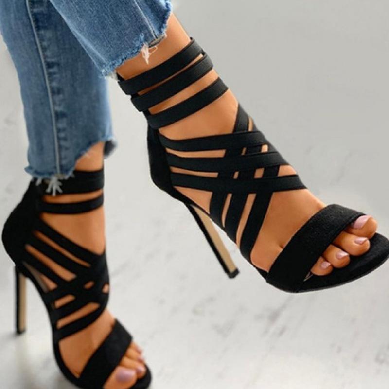 Large size shoes European and American stiletto sandals open-toed sexy rear zipper high heels Roman sandals