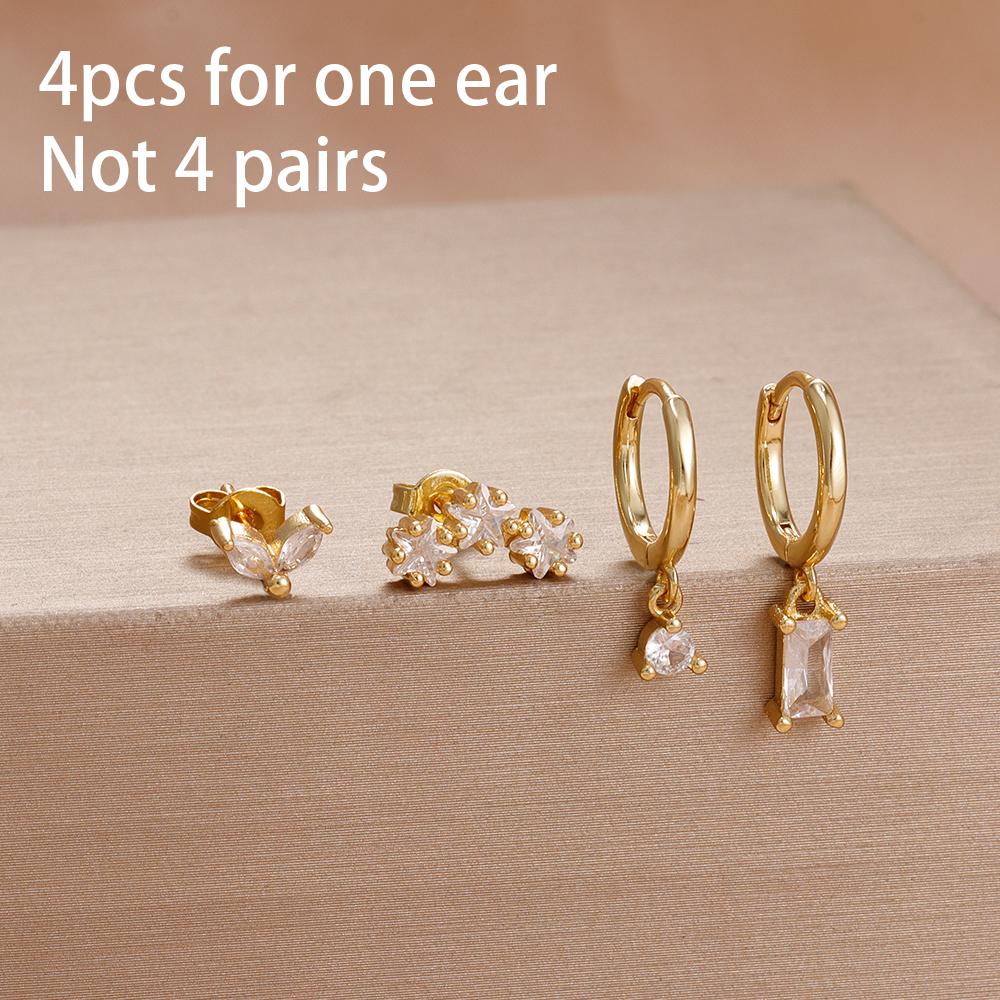 4 Stück Französisches Design Edelstahl Huggie Creolen Set Für Damen Anhänger Blumenkrone Zirkon Ohrstecker Piercing Schmuck