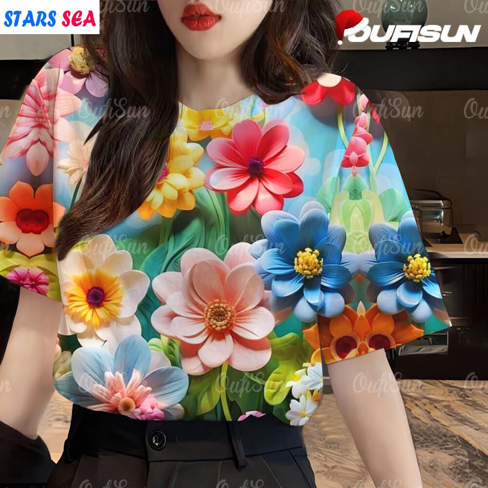 3d Colorful floral short Sleeve T-shirt for women's fashion loose plus size pullover